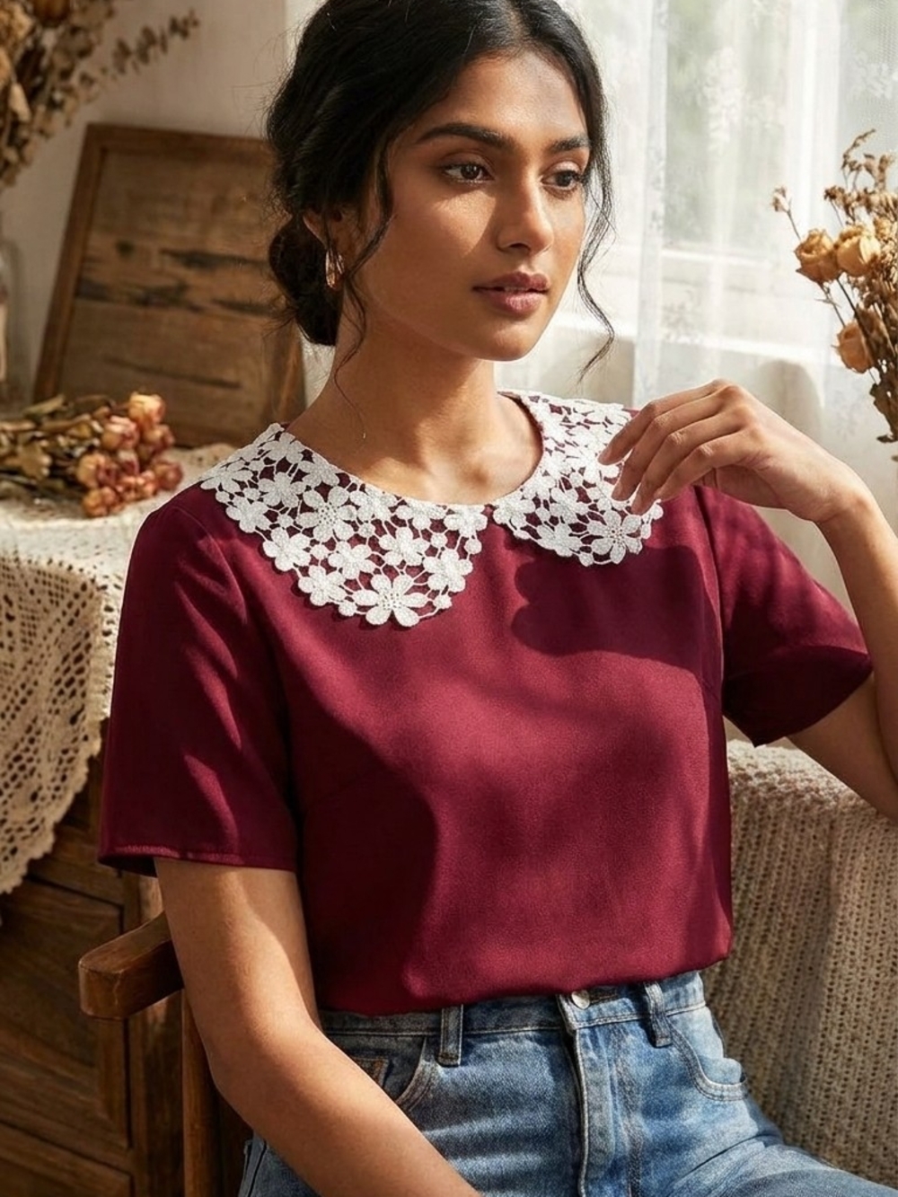 SHEIN Burgundy Short Sleeve Blouse with White Crochet Collar